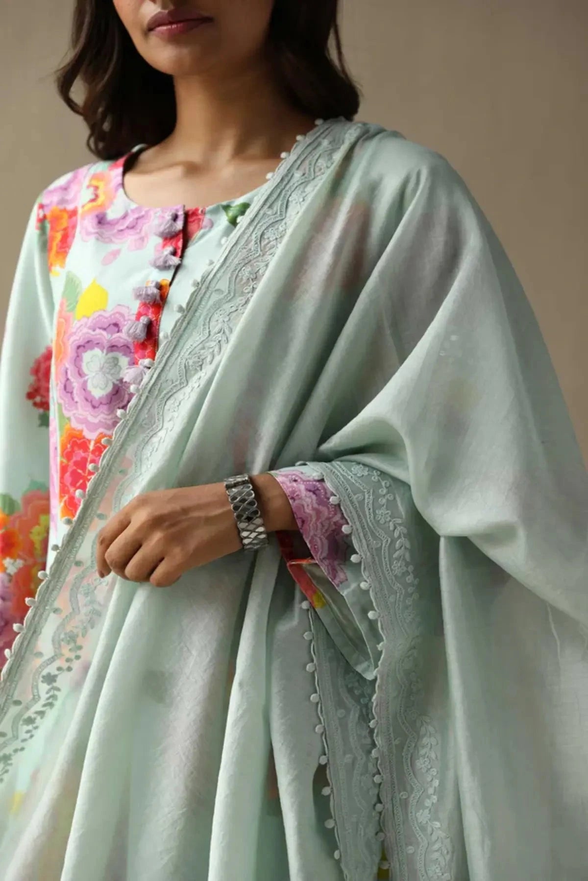 Baby Blue Chanderi Hand Embroidered Kurta With Pants And Embroidered Dupatta - Pallodstore