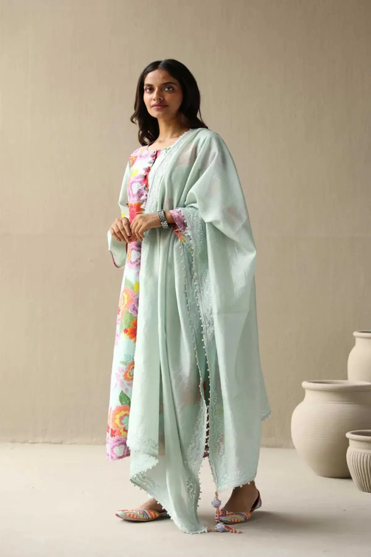 Baby Blue Chanderi Hand Embroidered Kurta With Pants And Embroidered Dupatta - Pallodstore