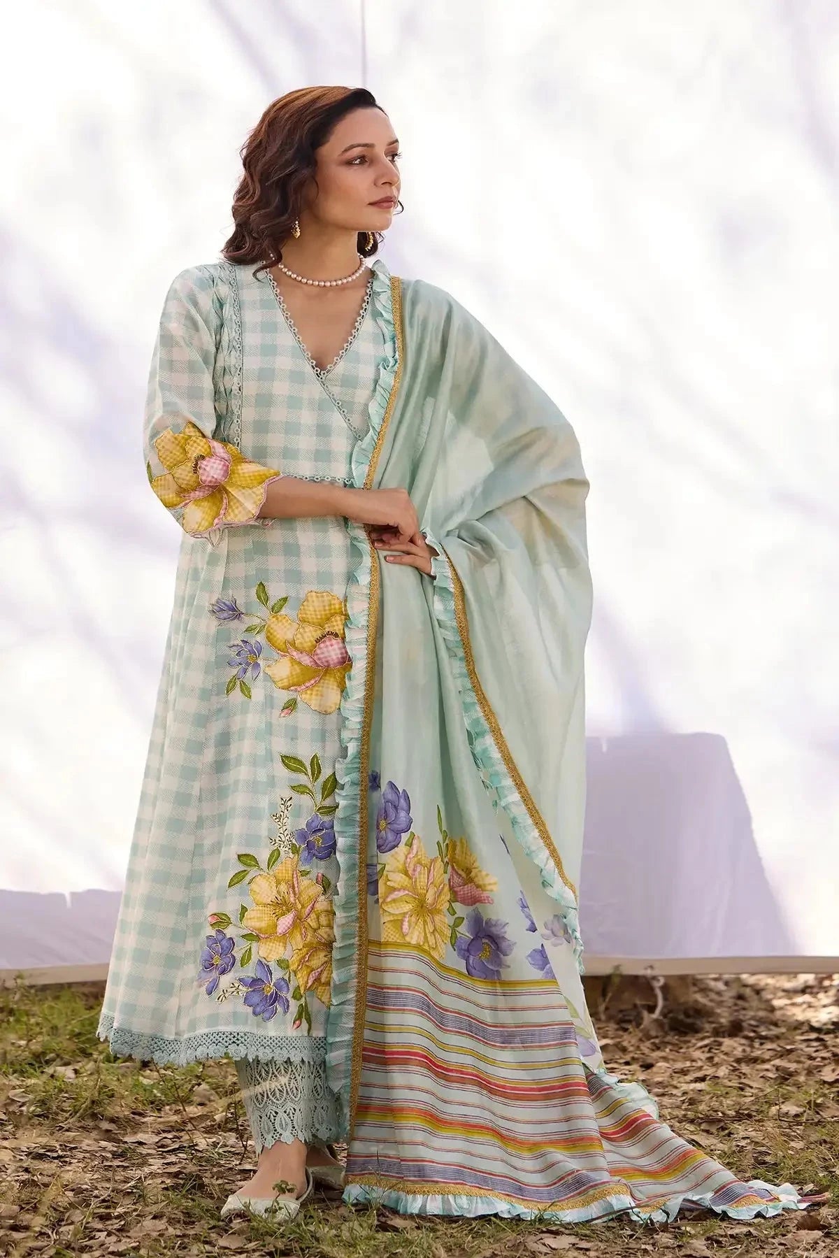 Baby Blue Chanderi Smocking Angrakha Set - Pallodstore