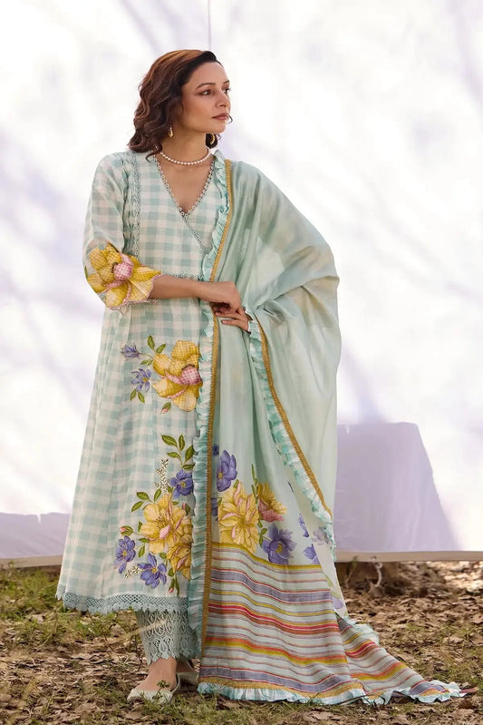 Baby Blue Chanderi Smocking Angrakha Set - Pallodstore