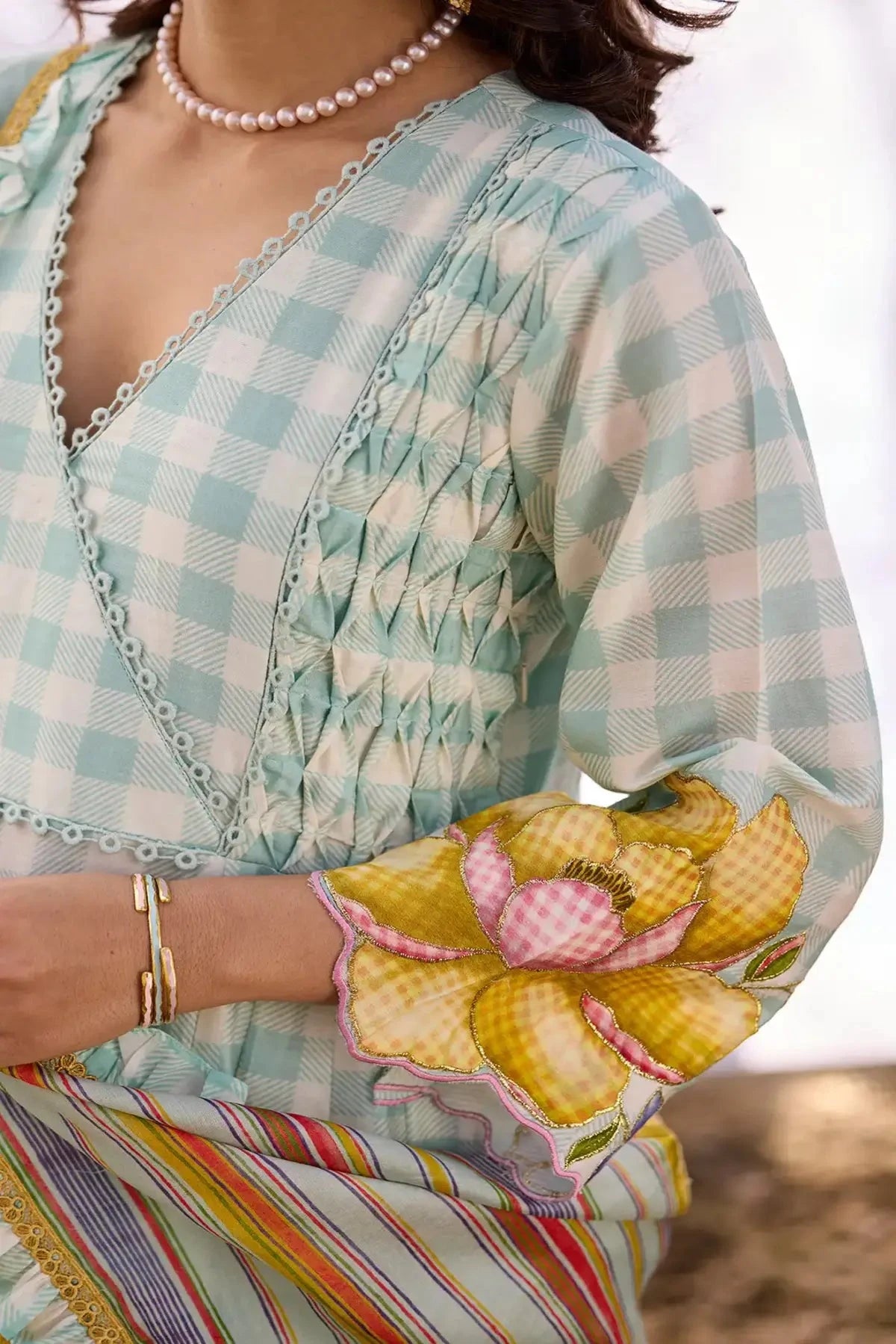 Baby Blue Chanderi Smocking Angrakha Set - Pallodstore
