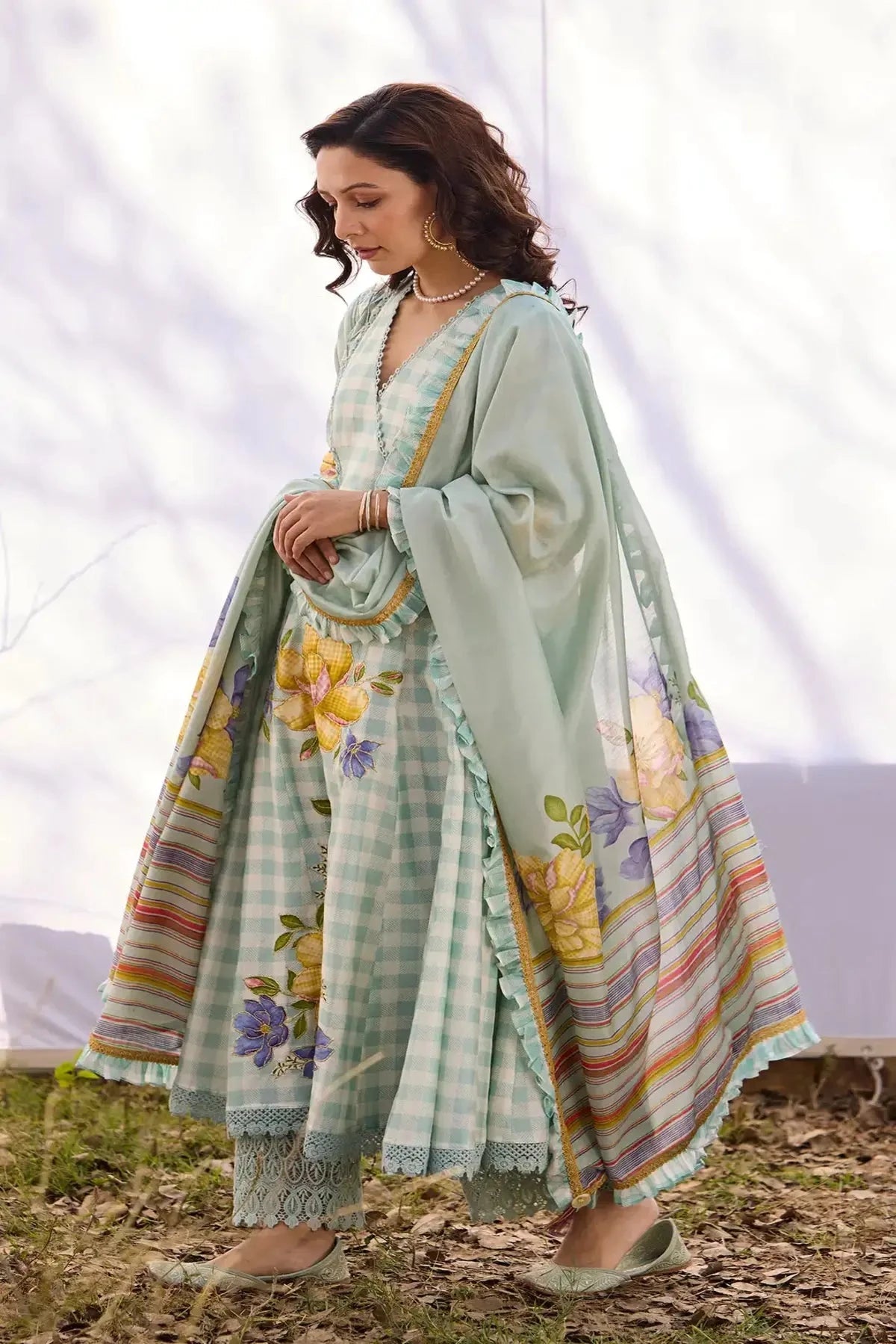 Baby Blue Chanderi Smocking Angrakha Set - Pallodstore
