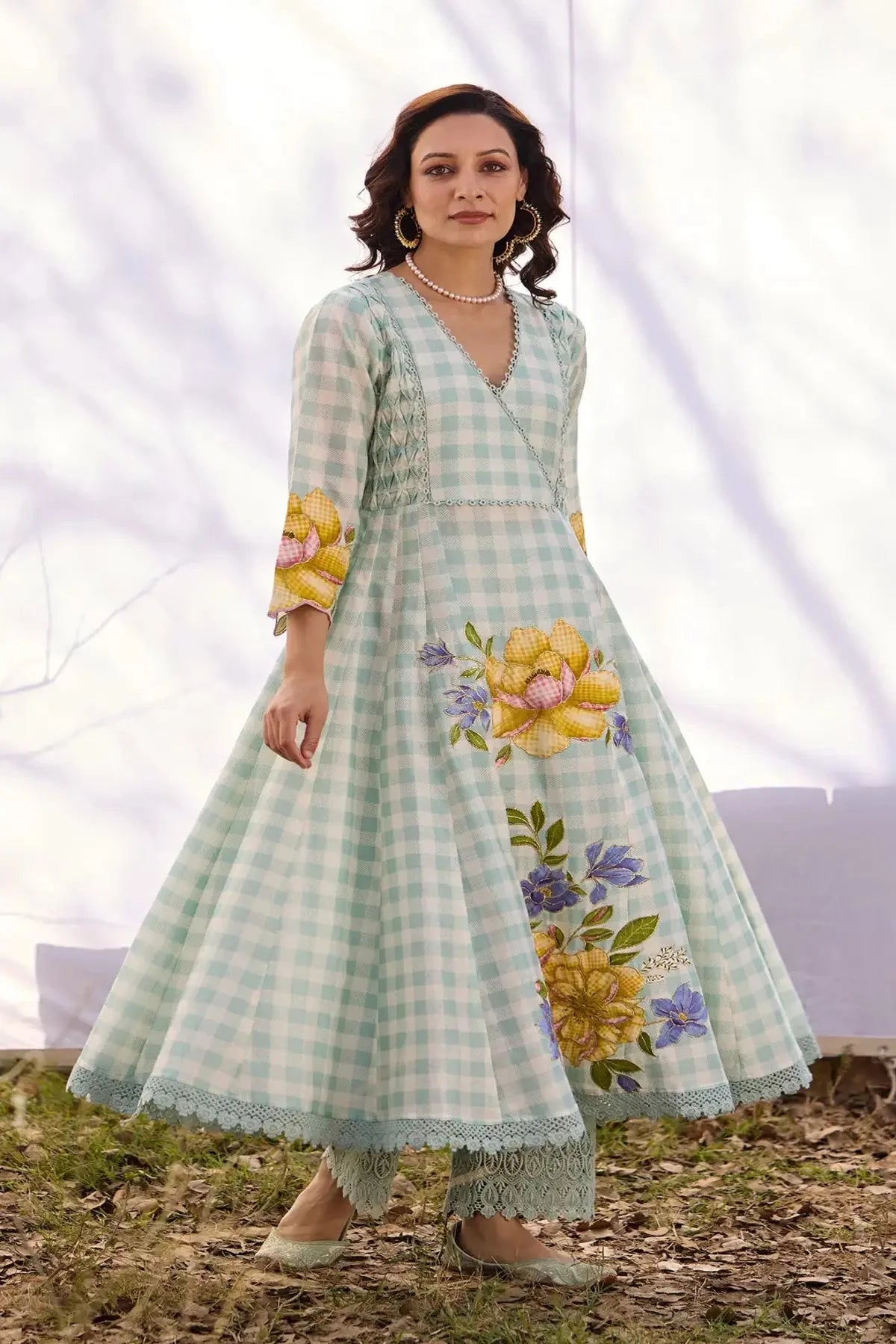 Baby Blue Chanderi Smocking Angrakha Set - Pallodstore