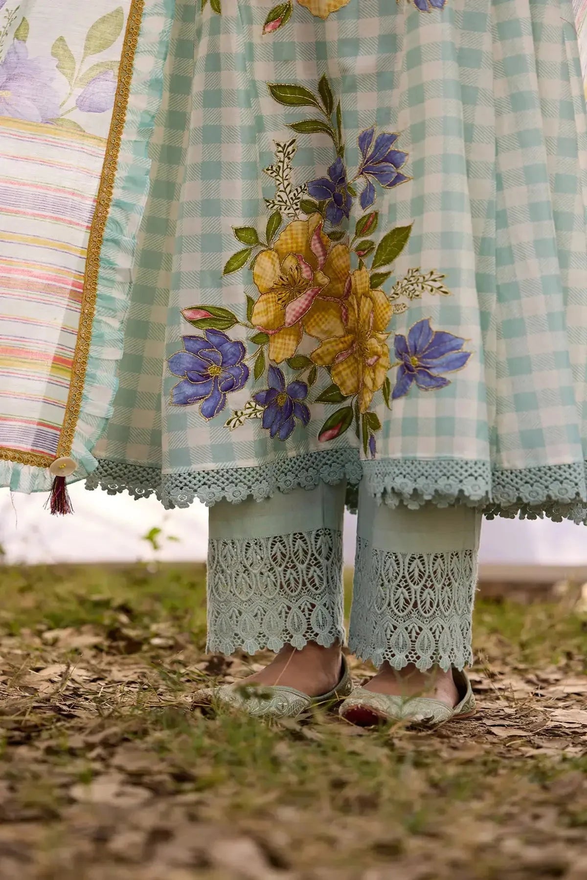 Baby Blue Chanderi Smocking Angrakha Set - Pallodstore