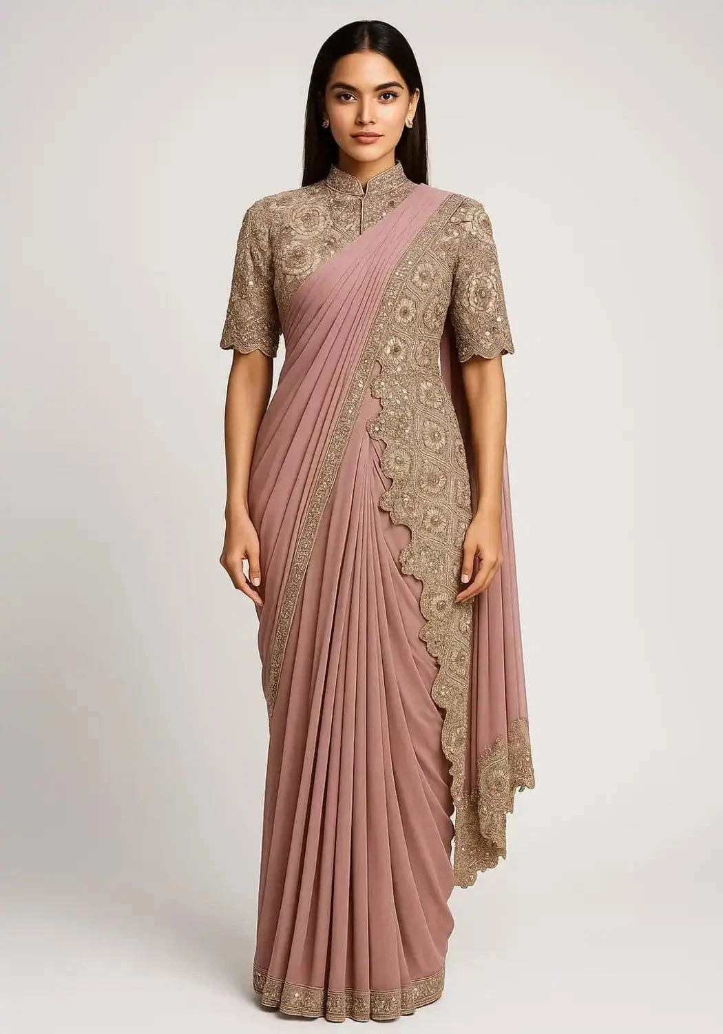 Baby Pink Draped Saree with half side long jacket - Pallodstore