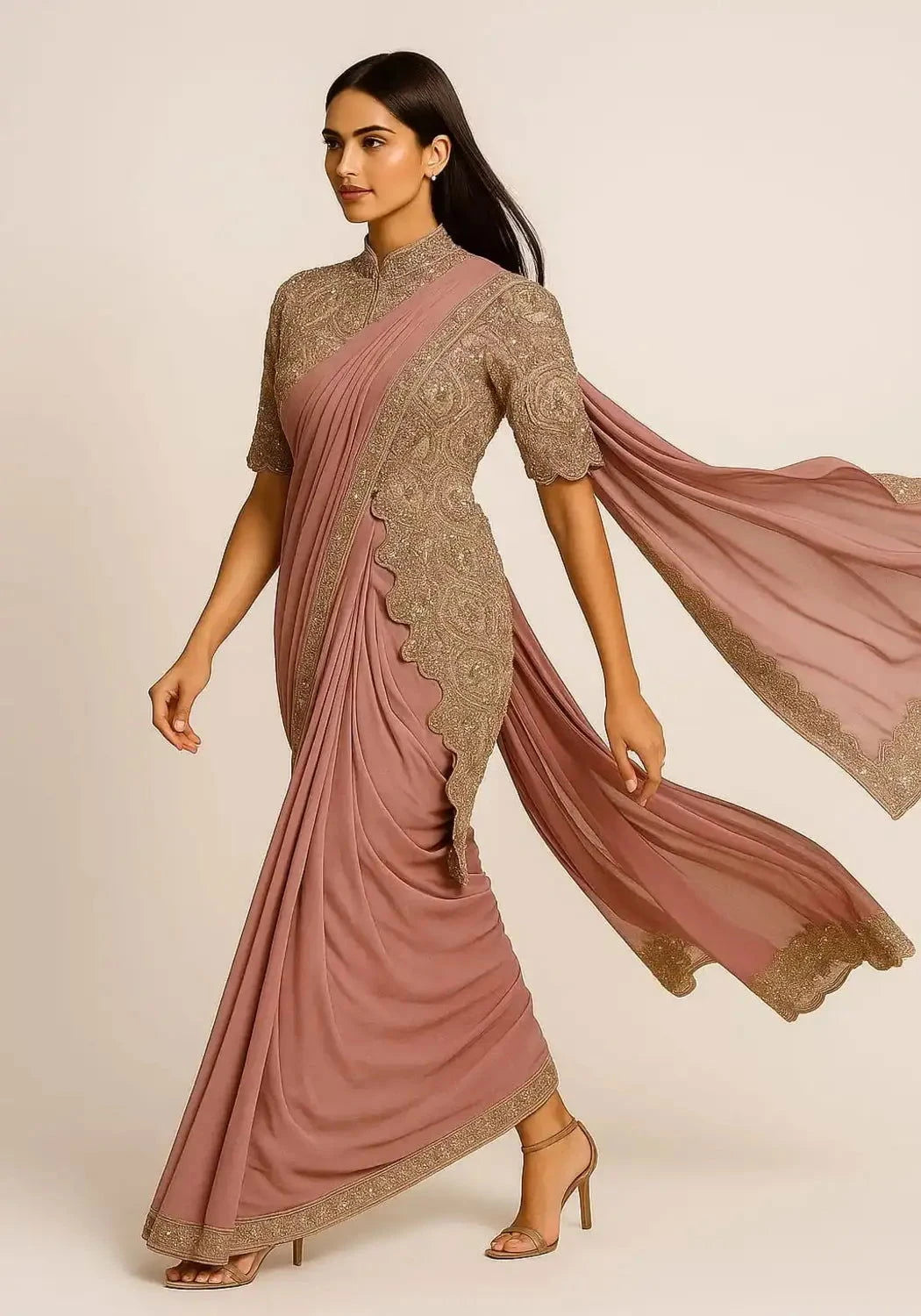 Baby Pink Draped Saree with half side long jacket - Pallodstore