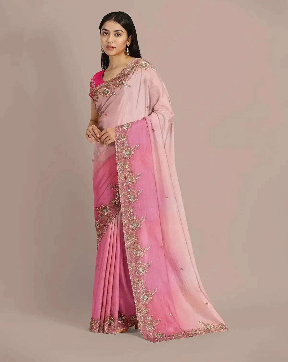 Baby Pink Embroidered Organza Saree - Pallodstore