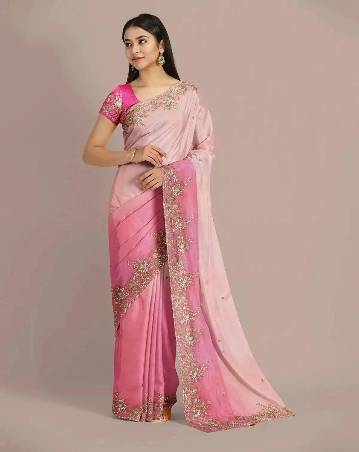 Baby Pink Embroidered Organza Saree - Pallodstore