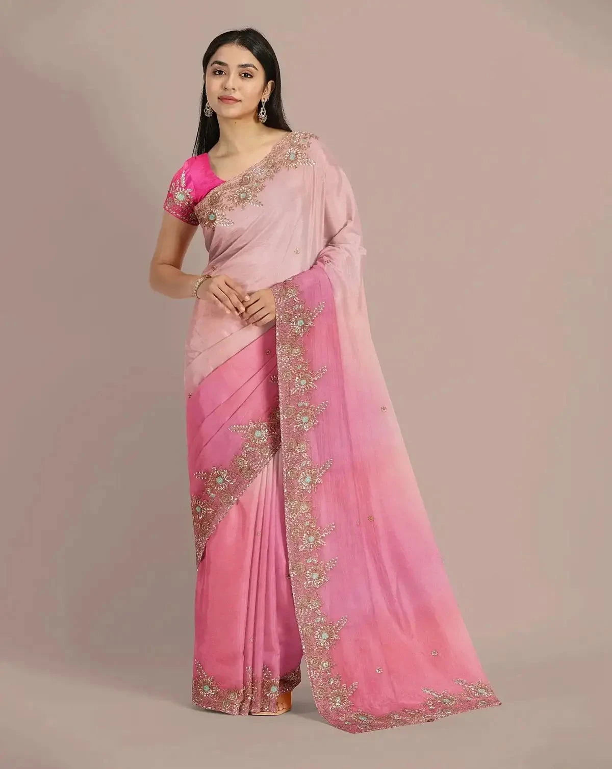 Baby Pink Embroidered Organza Saree - Pallodstore