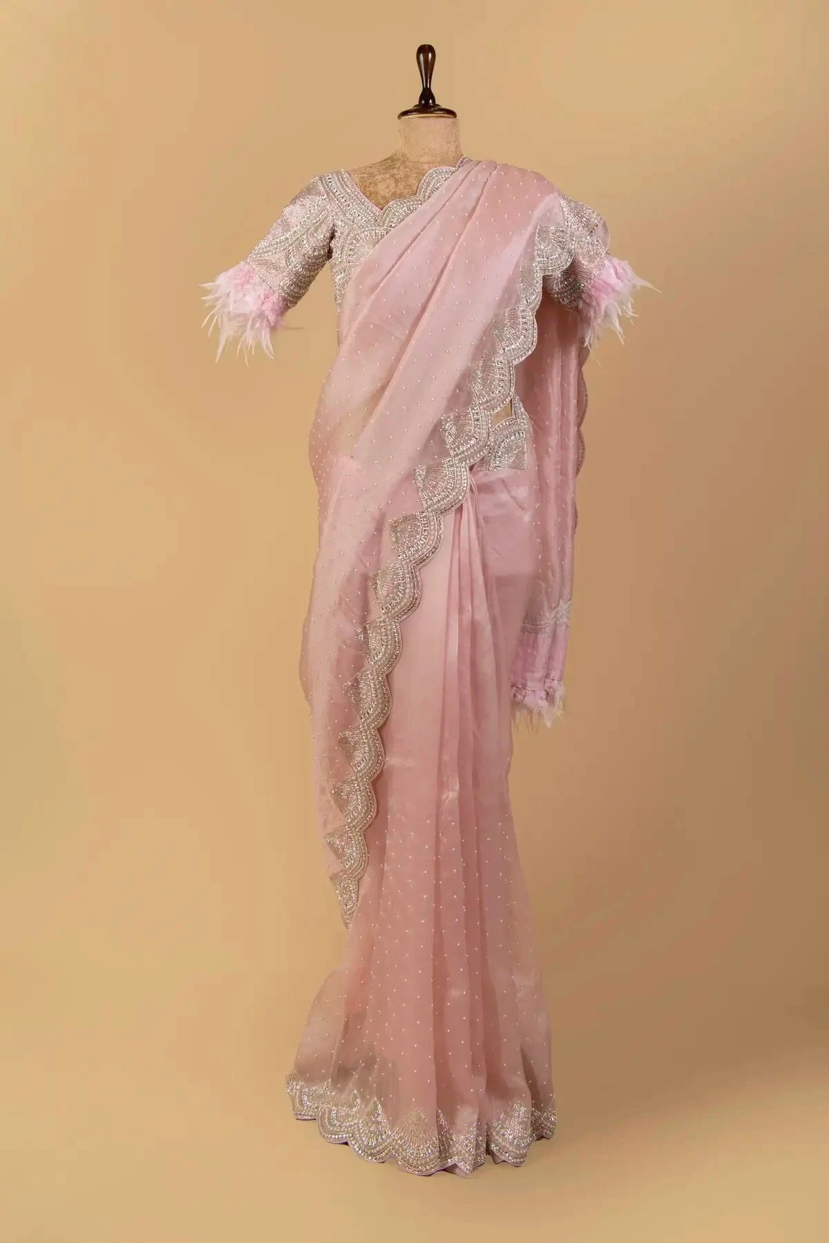 Baby Pink Organza Embroidered Saree - Pallodstore