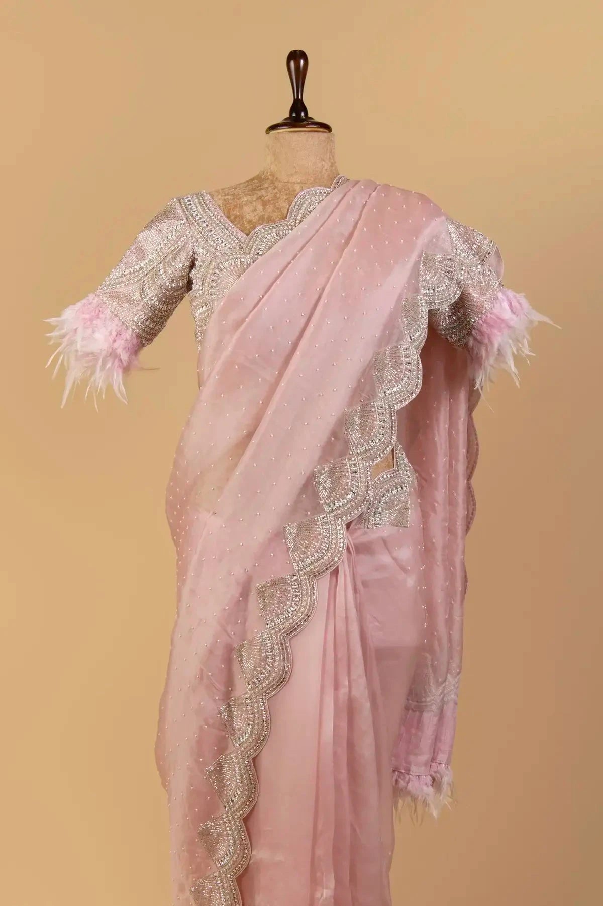 Baby Pink Organza Embroidered Saree - Pallodstore
