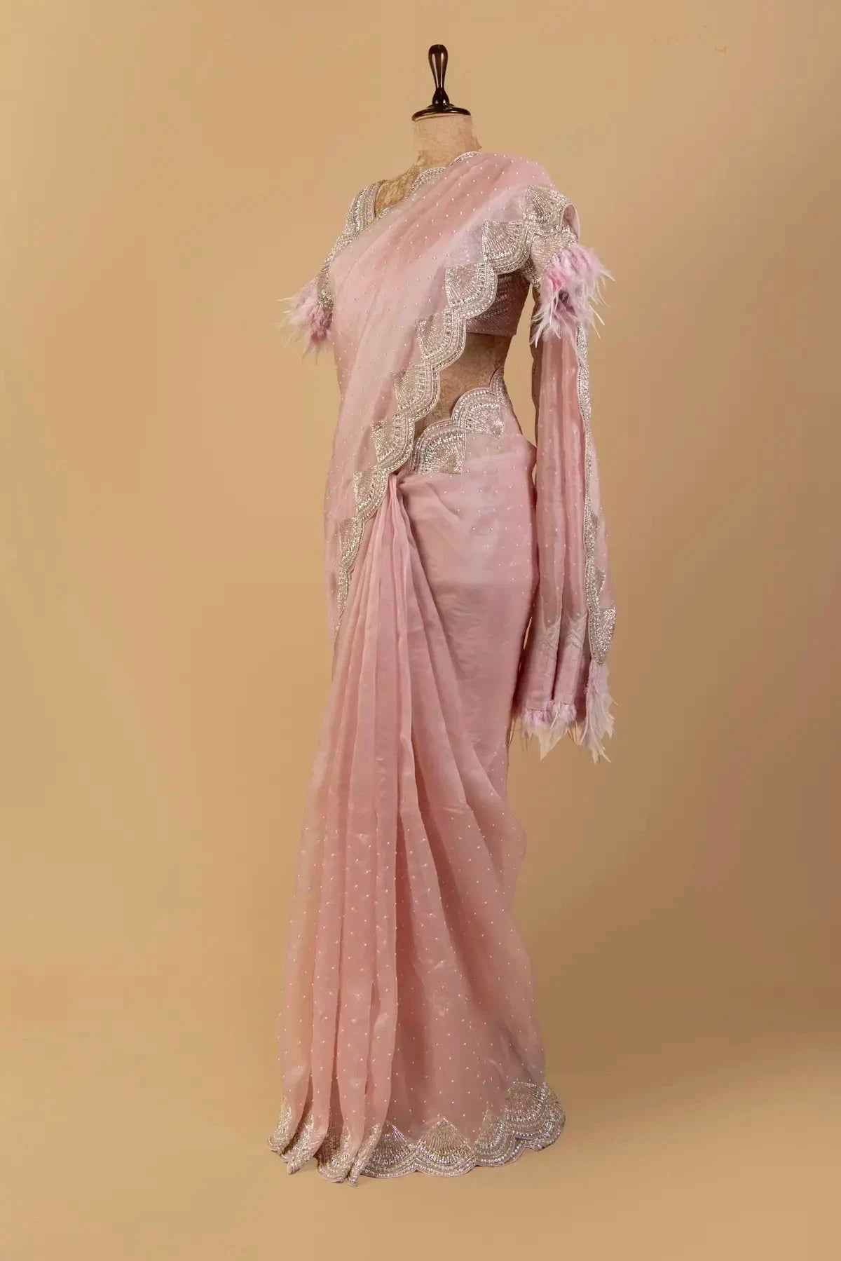 Baby Pink Organza Embroidered Saree - Pallodstore