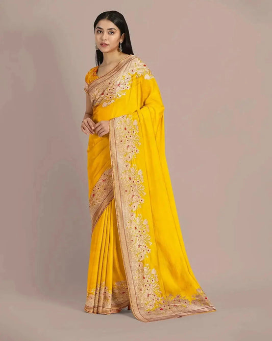 Banarasi Gold Yellow Silk Saree - Pallodstore