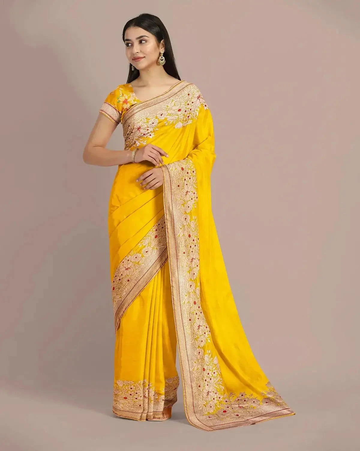 Banarasi Gold Yellow Silk Saree - Pallodstore