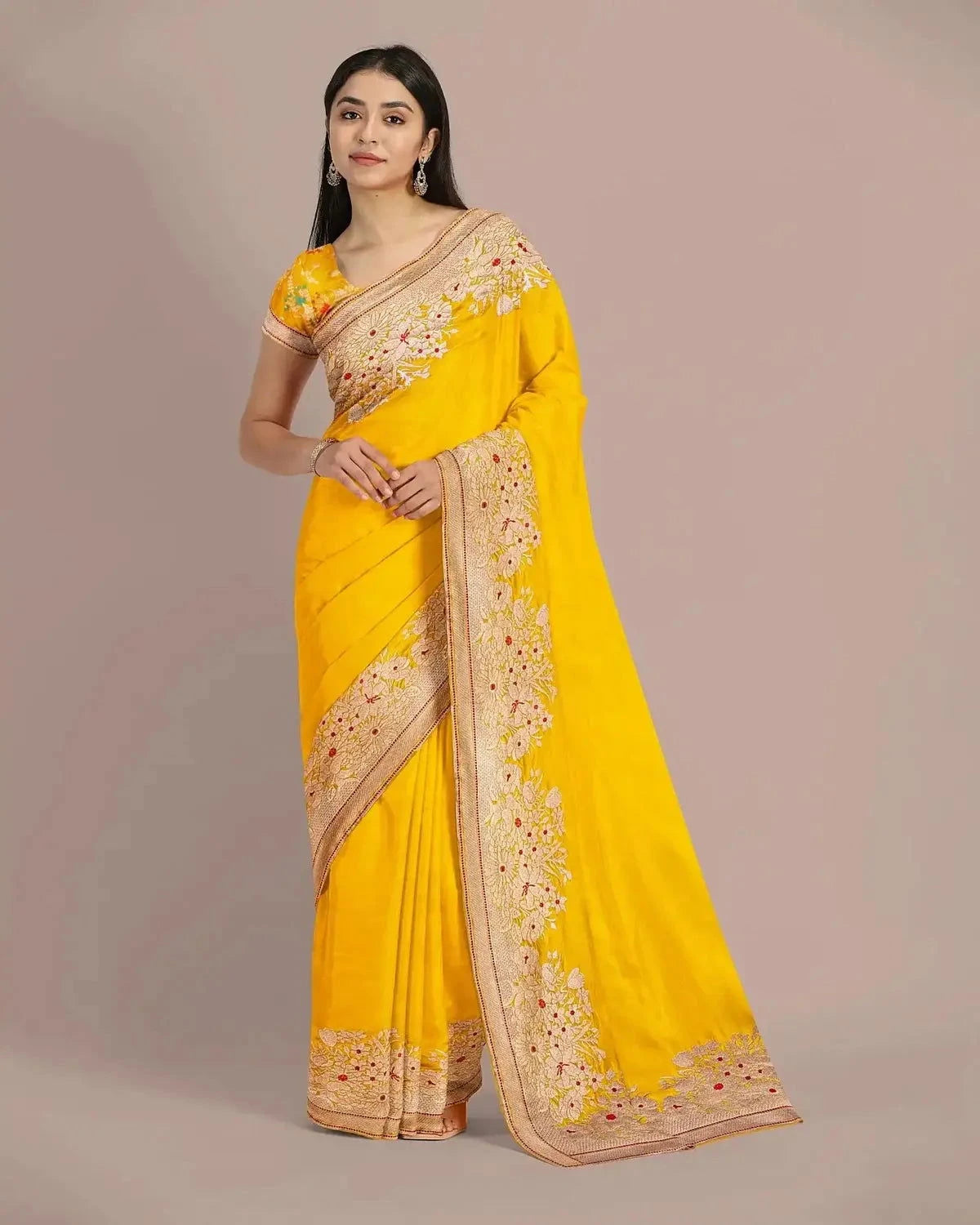 Banarasi Gold Yellow Silk Saree - Pallodstore