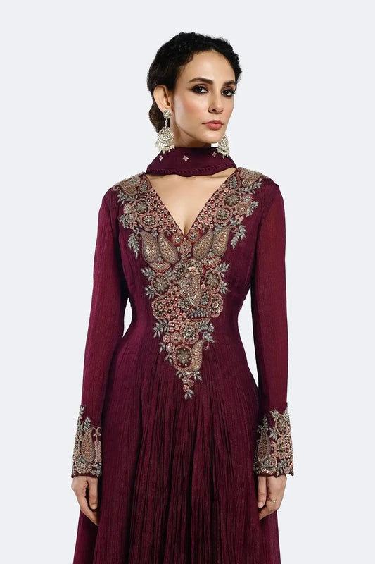Bedecked Paisley Wine Color Anarkali Suit Set - Pallodstore