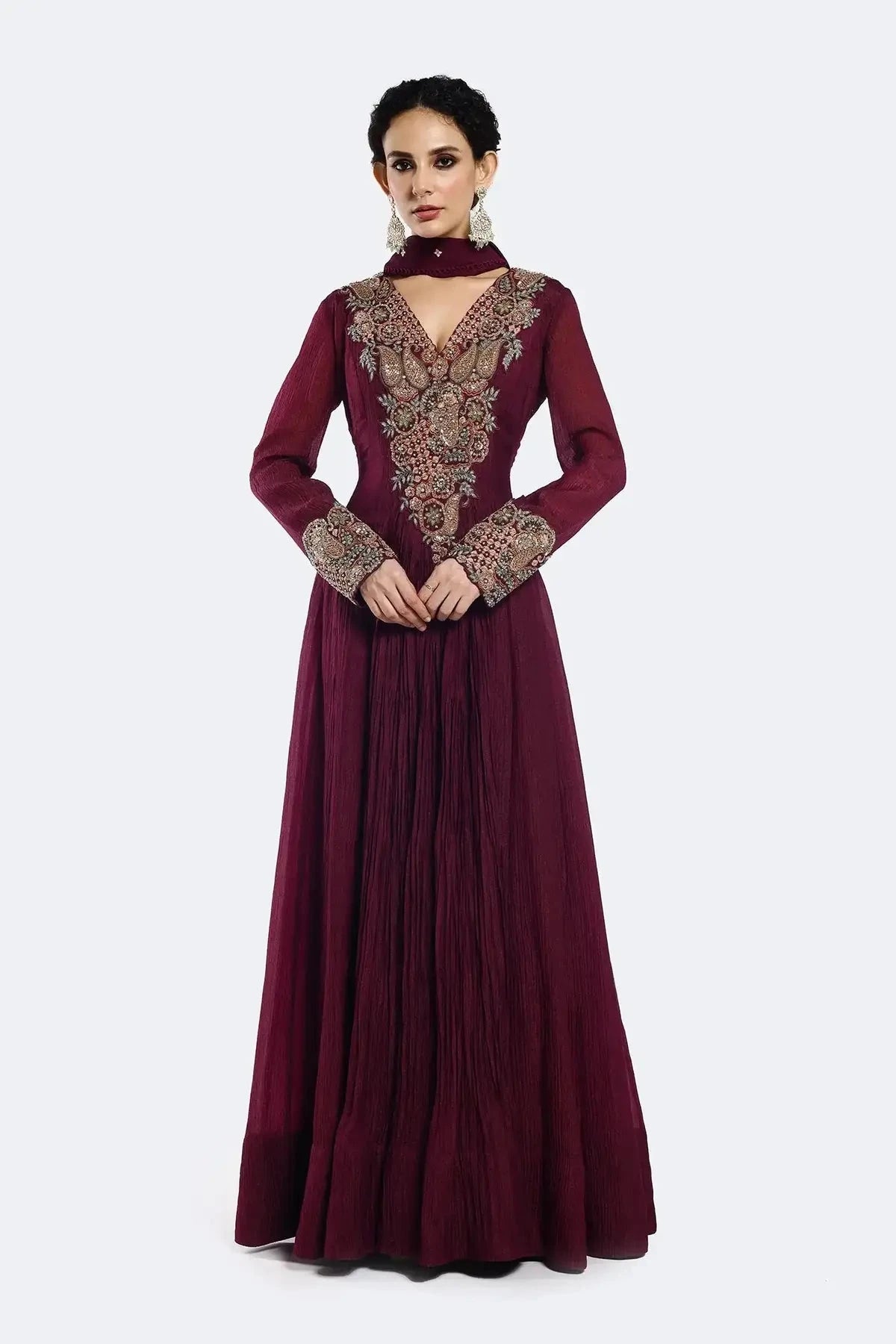 Bedecked Paisley Wine Color Anarkali Suit Set - Pallodstore