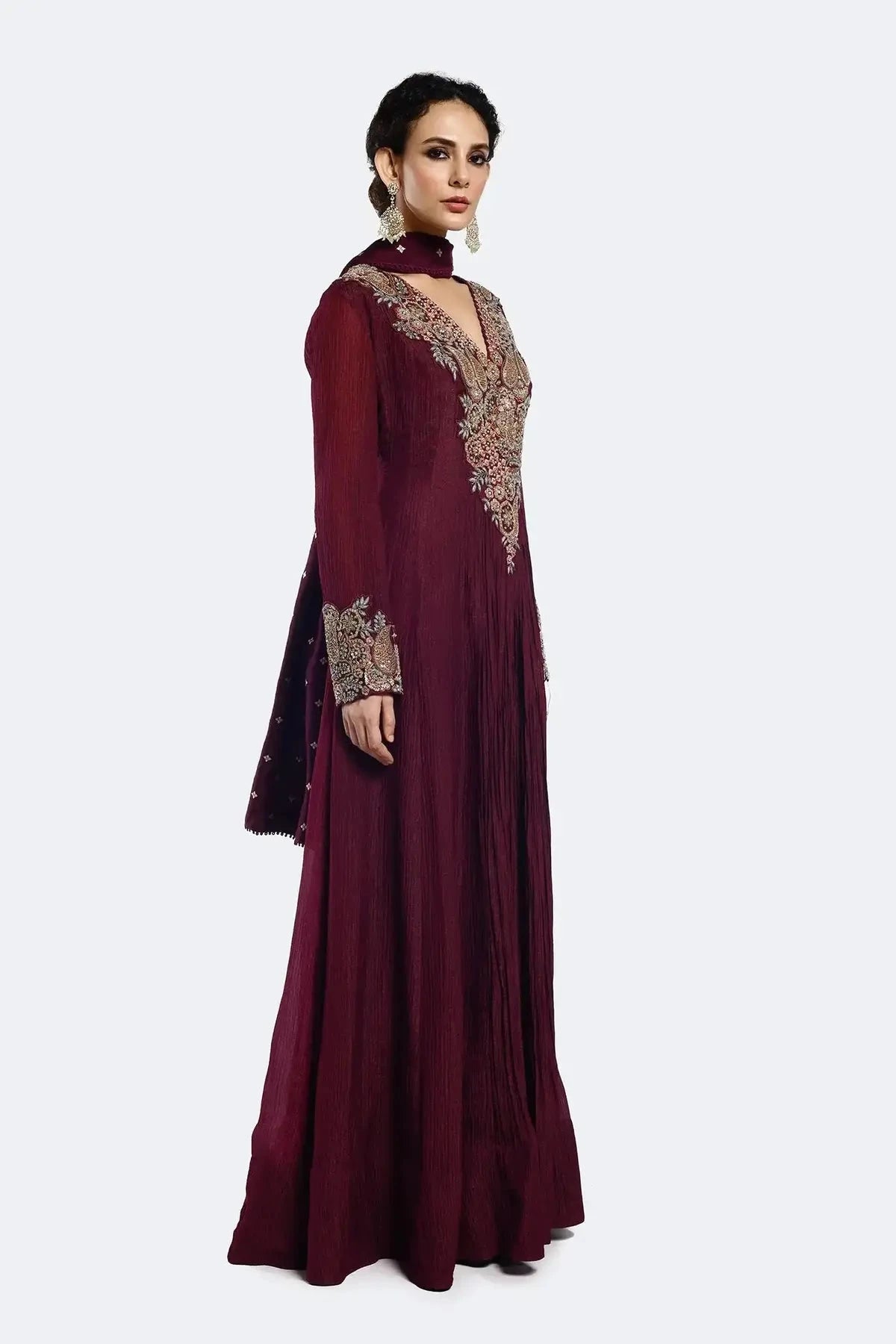 Bedecked Paisley Wine Color Anarkali Suit Set - Pallodstore