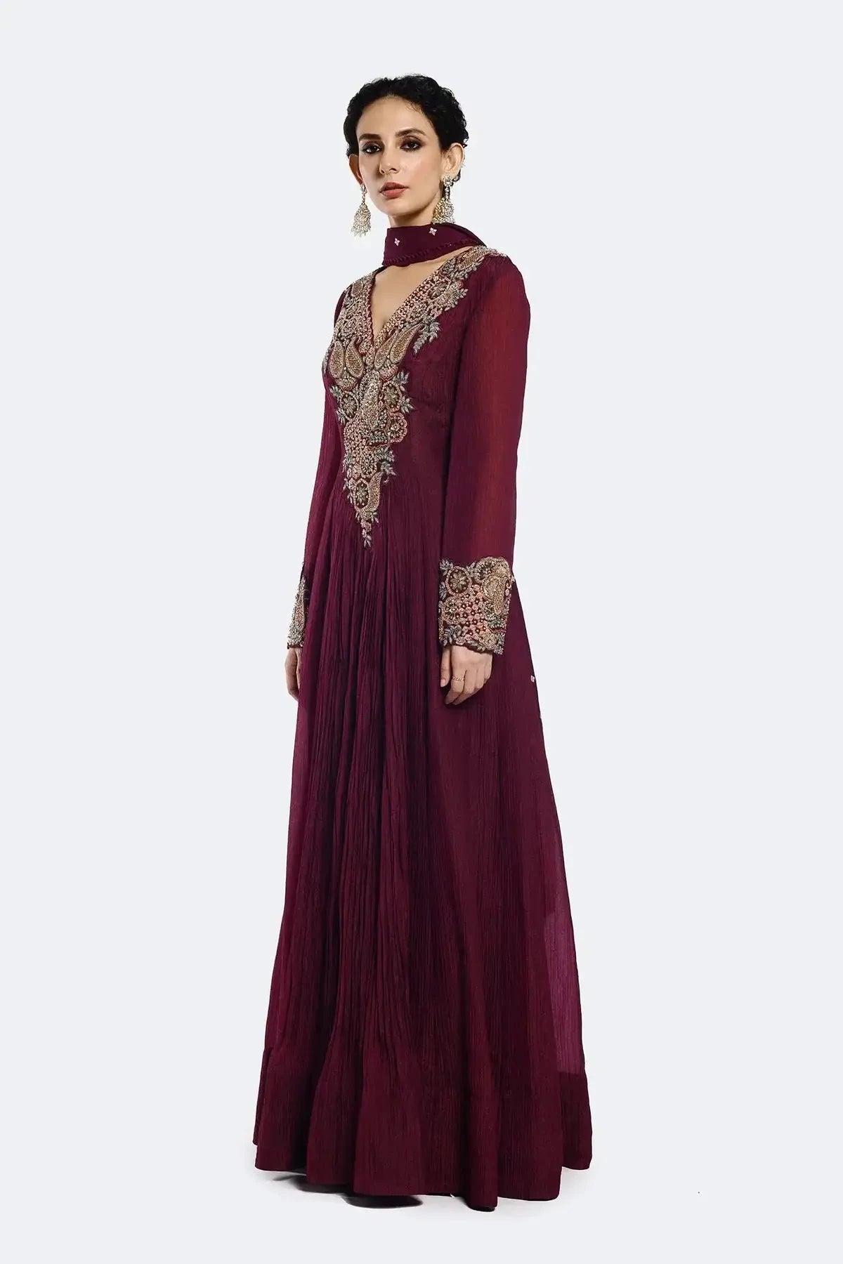 Bedecked Paisley Wine Color Anarkali Suit Set - Pallodstore