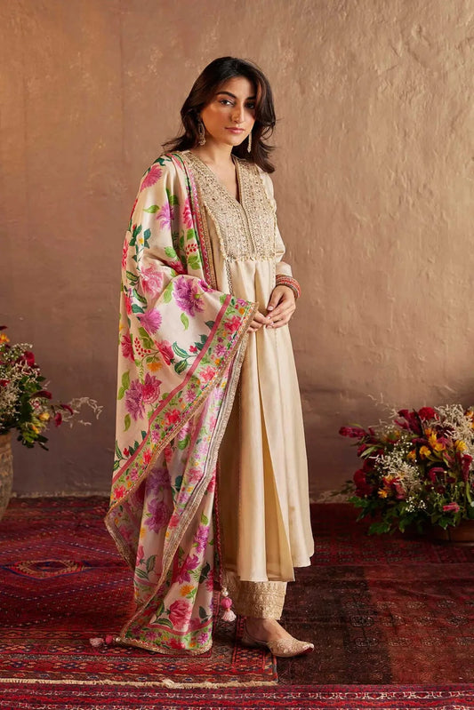 Beige Chanderi Hand Embroidered Kalidar Kurta With Pants And Dupatta - Pallodstore