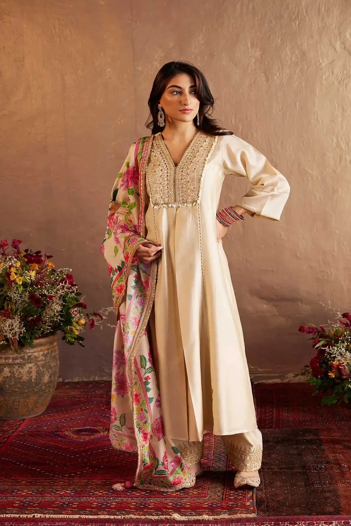 Beige Chanderi Hand Embroidered Kalidar Kurta With Pants And Dupatta - Pallodstore