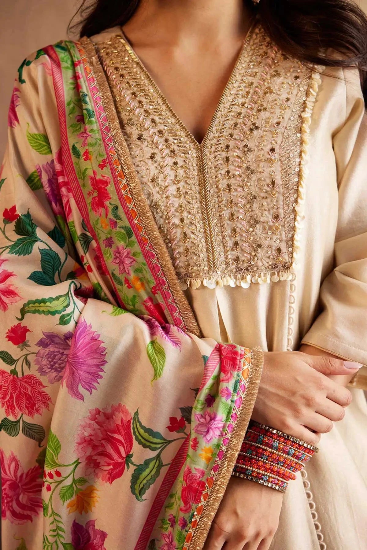 Beige Chanderi Hand Embroidered Kalidar Kurta With Pants And Dupatta - Pallodstore
