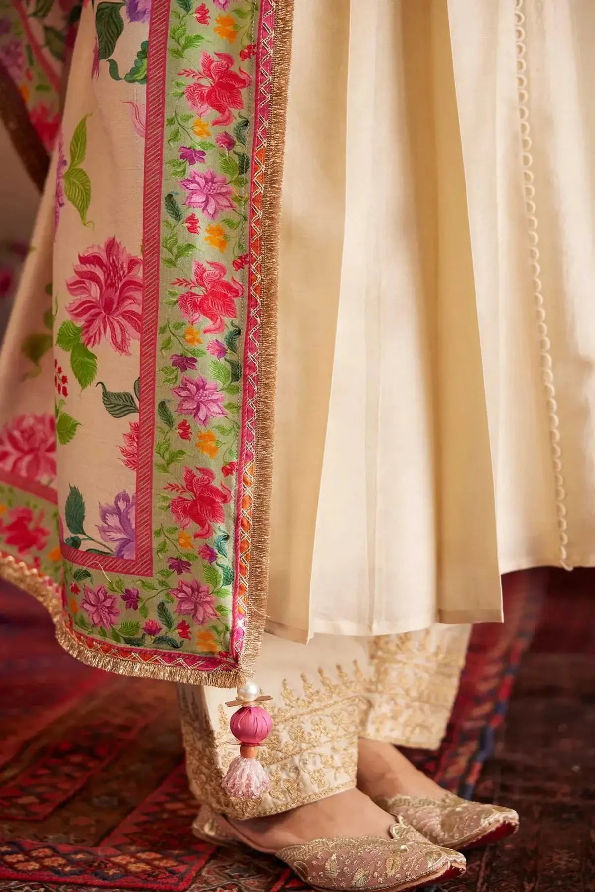 Beige Chanderi Hand Embroidered Kalidar Kurta With Pants And Dupatta - Pallodstore