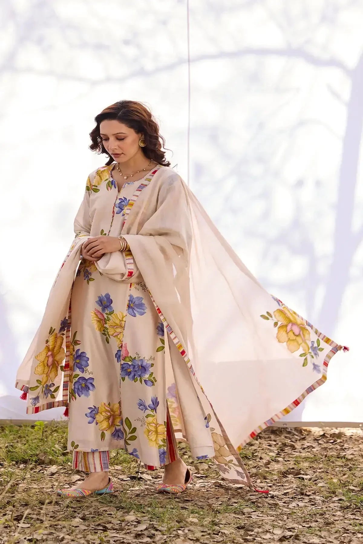 Beige Digital Chanderi Set - Pallodstore