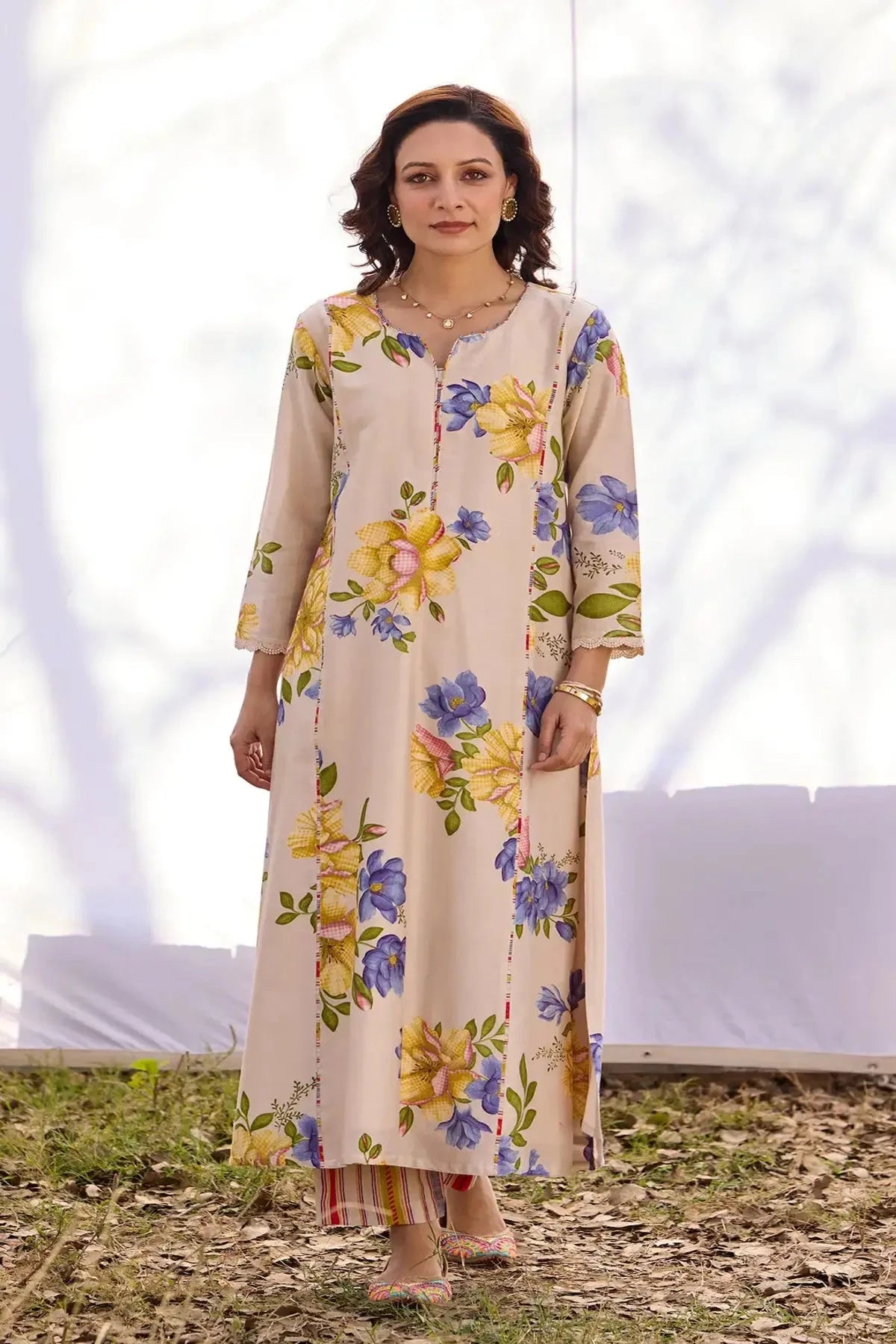 Beige Digital Chanderi Set - Pallodstore