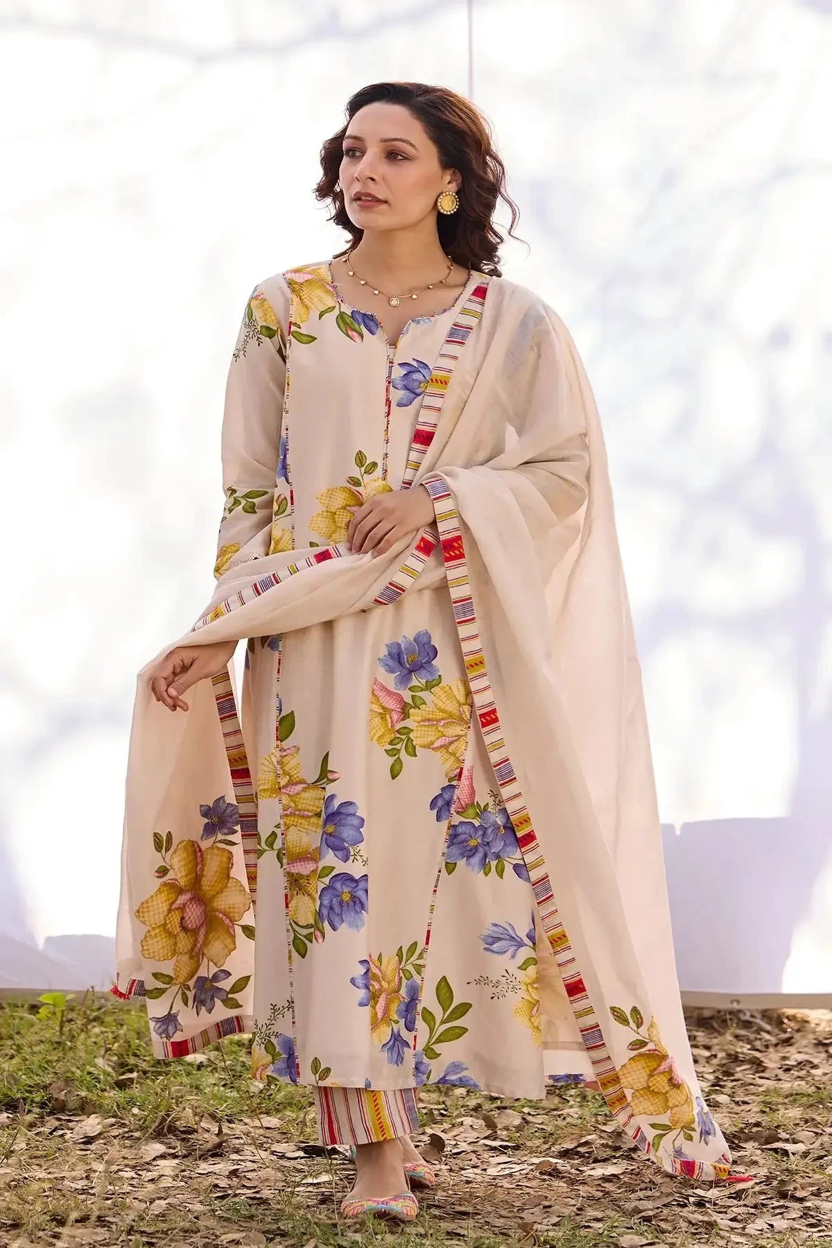 Beige Digital Chanderi Set - Pallodstore