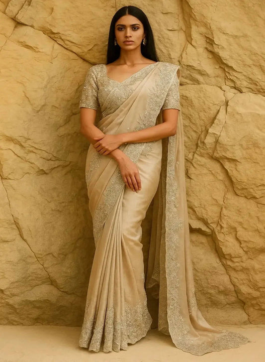 Beige Gold Banarasi Tissue Saree - Pallodstore