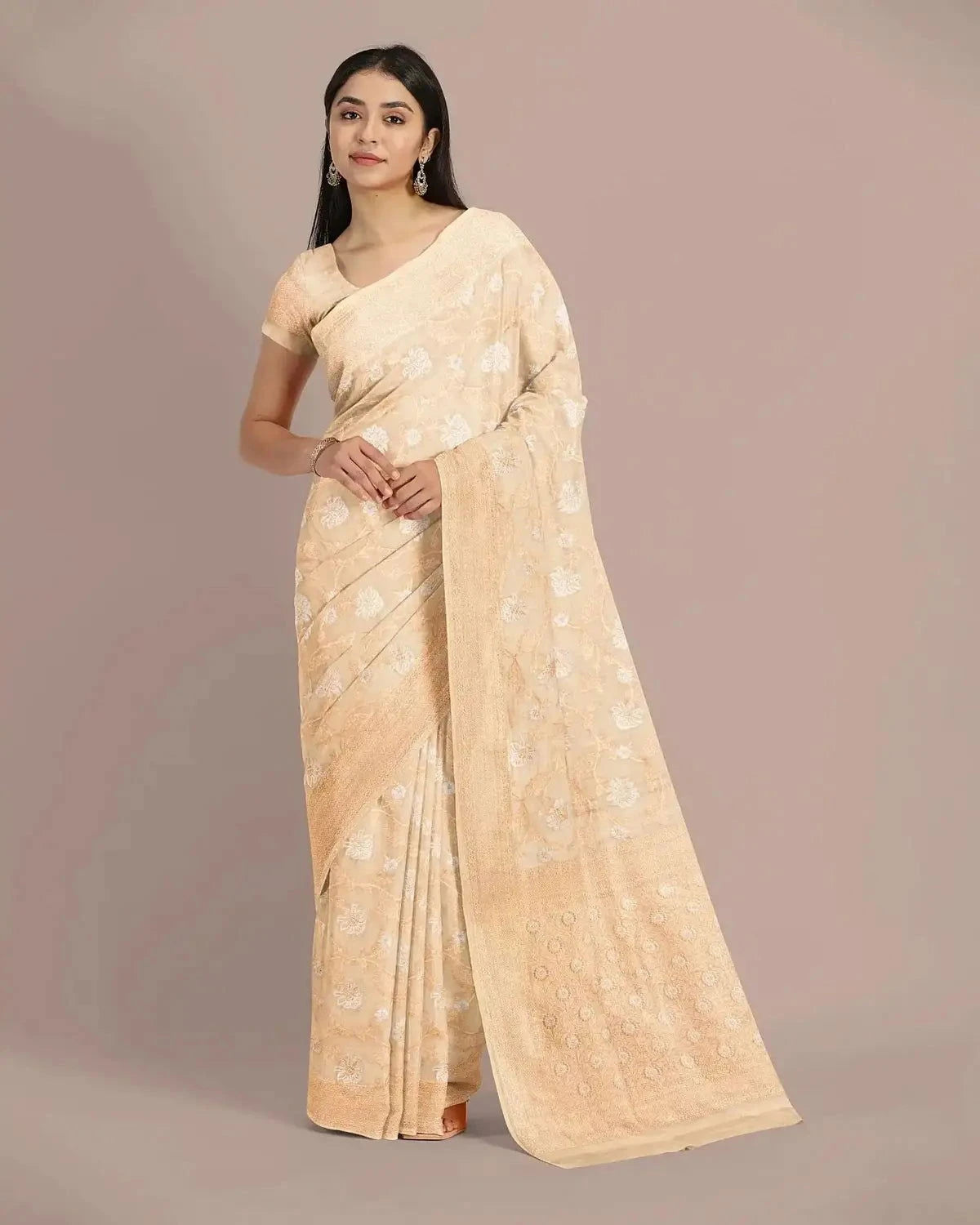 Beige Gold Banarasi Tissue Upada Saree - Pallodstore