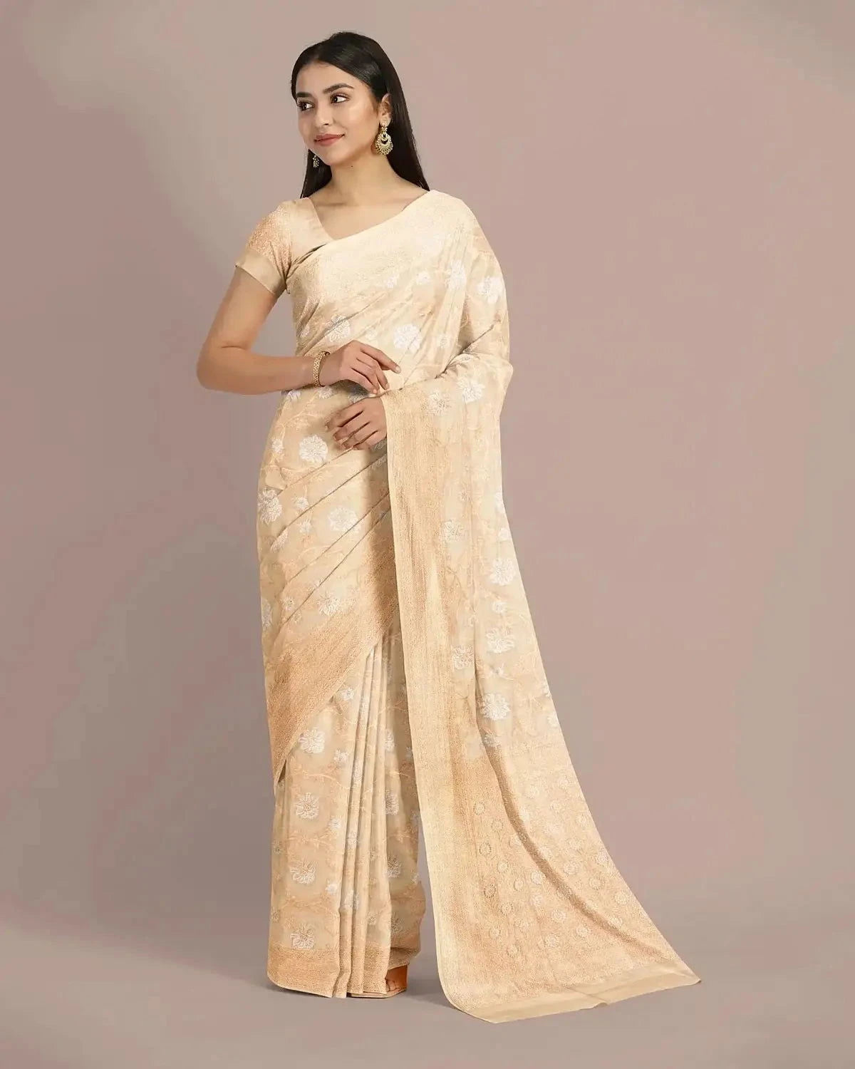 Beige Gold Banarasi Tissue Upada Saree - Pallodstore