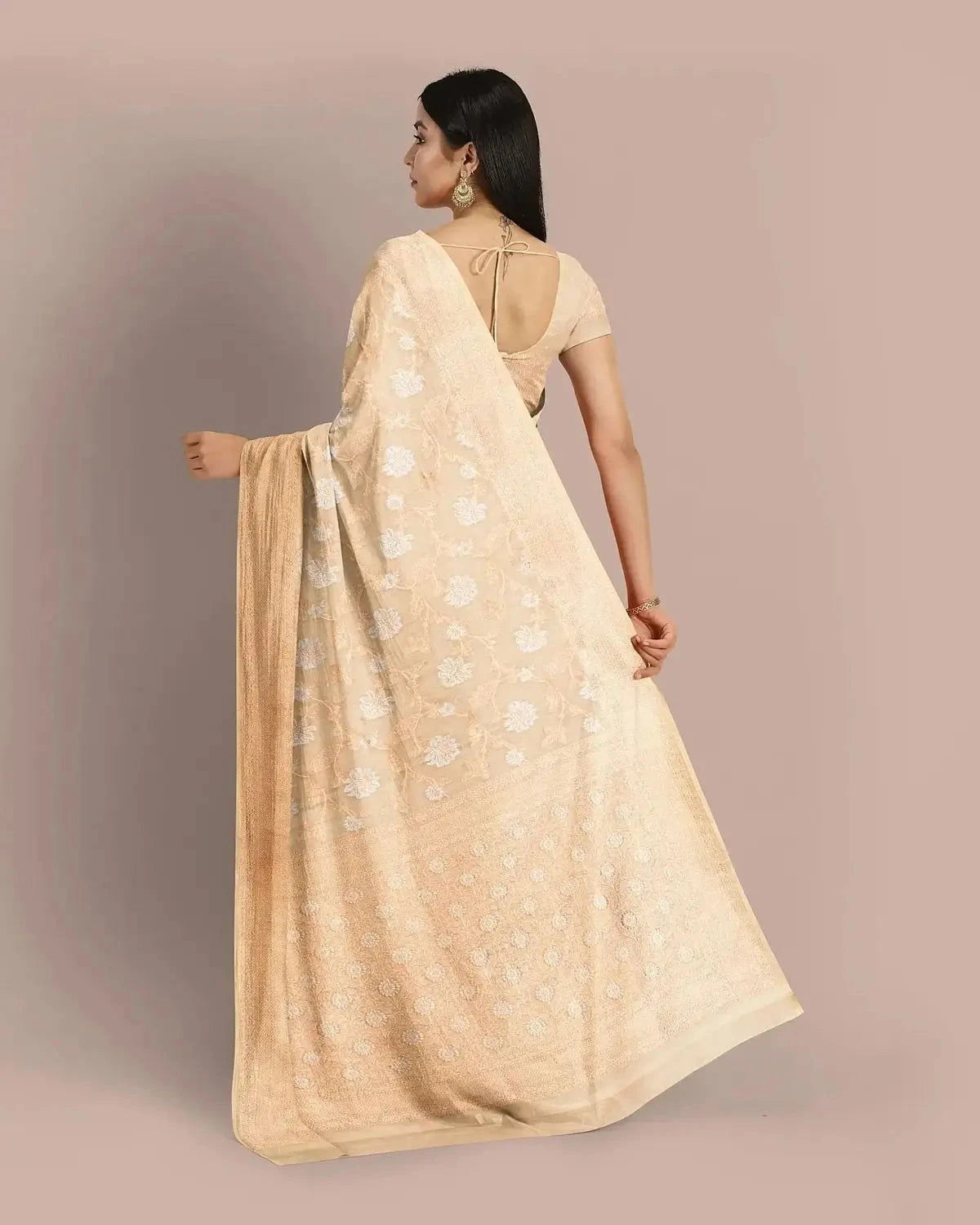 Beige Gold Banarasi Tissue Upada Saree - Pallodstore