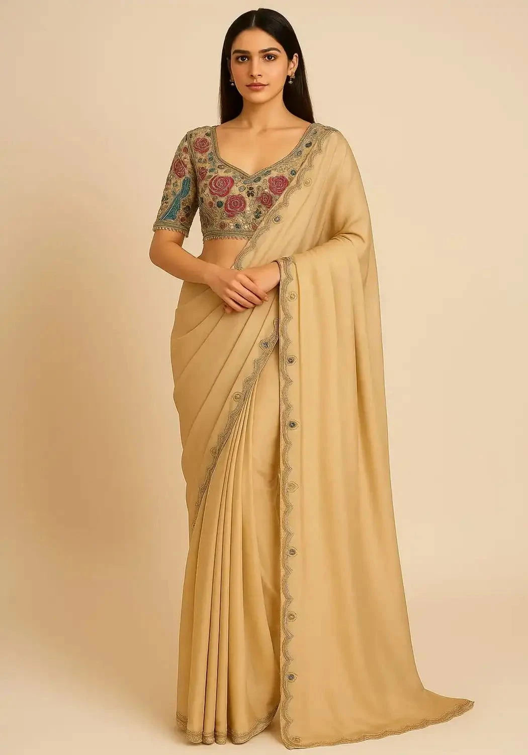 Beige Gold Dupion Saree - Pallodstore