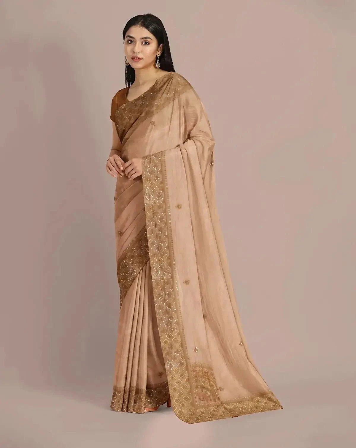 Beige Gold Embroidered tissue saree - Pallodstore