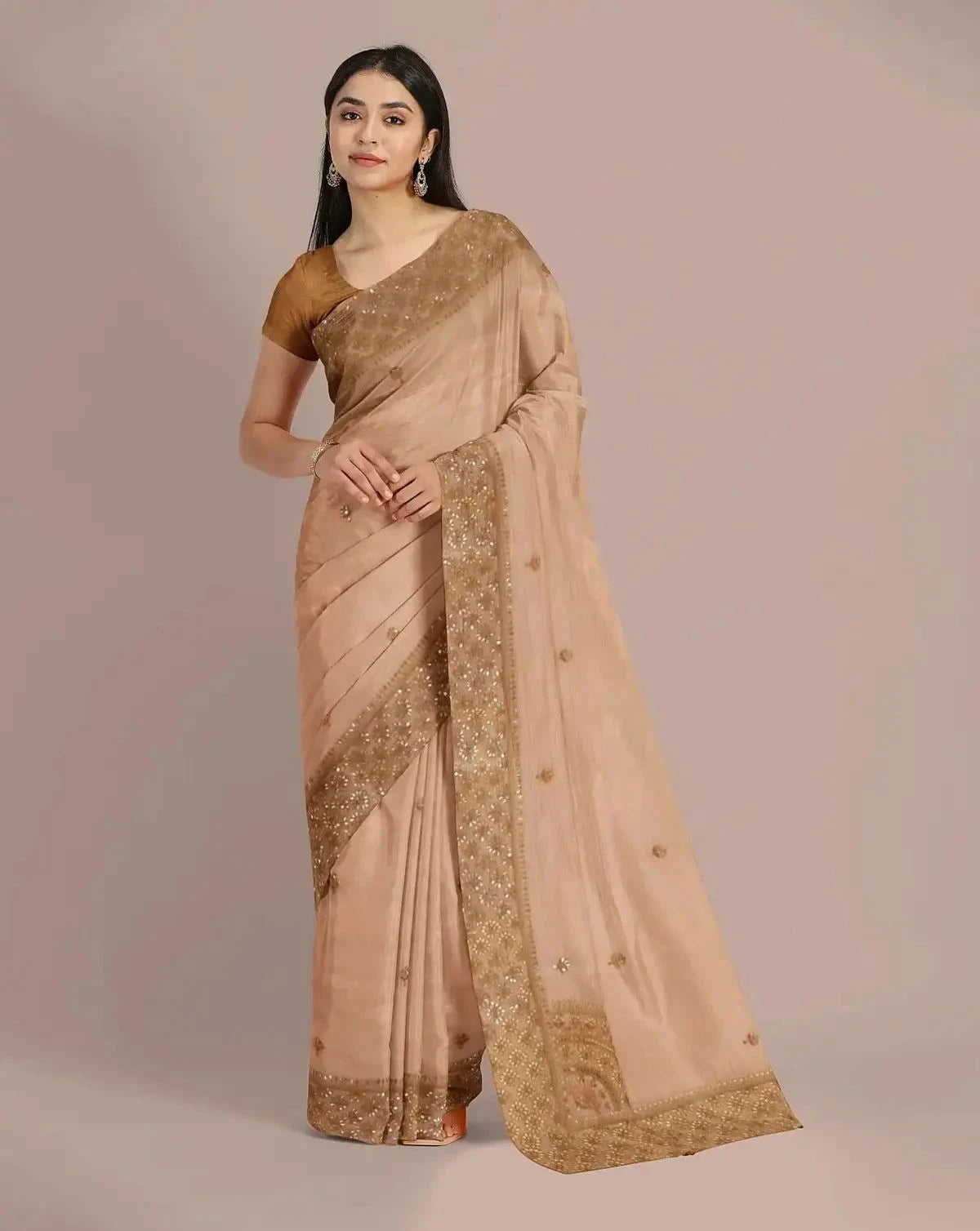 Beige Gold Embroidered tissue saree - Pallodstore