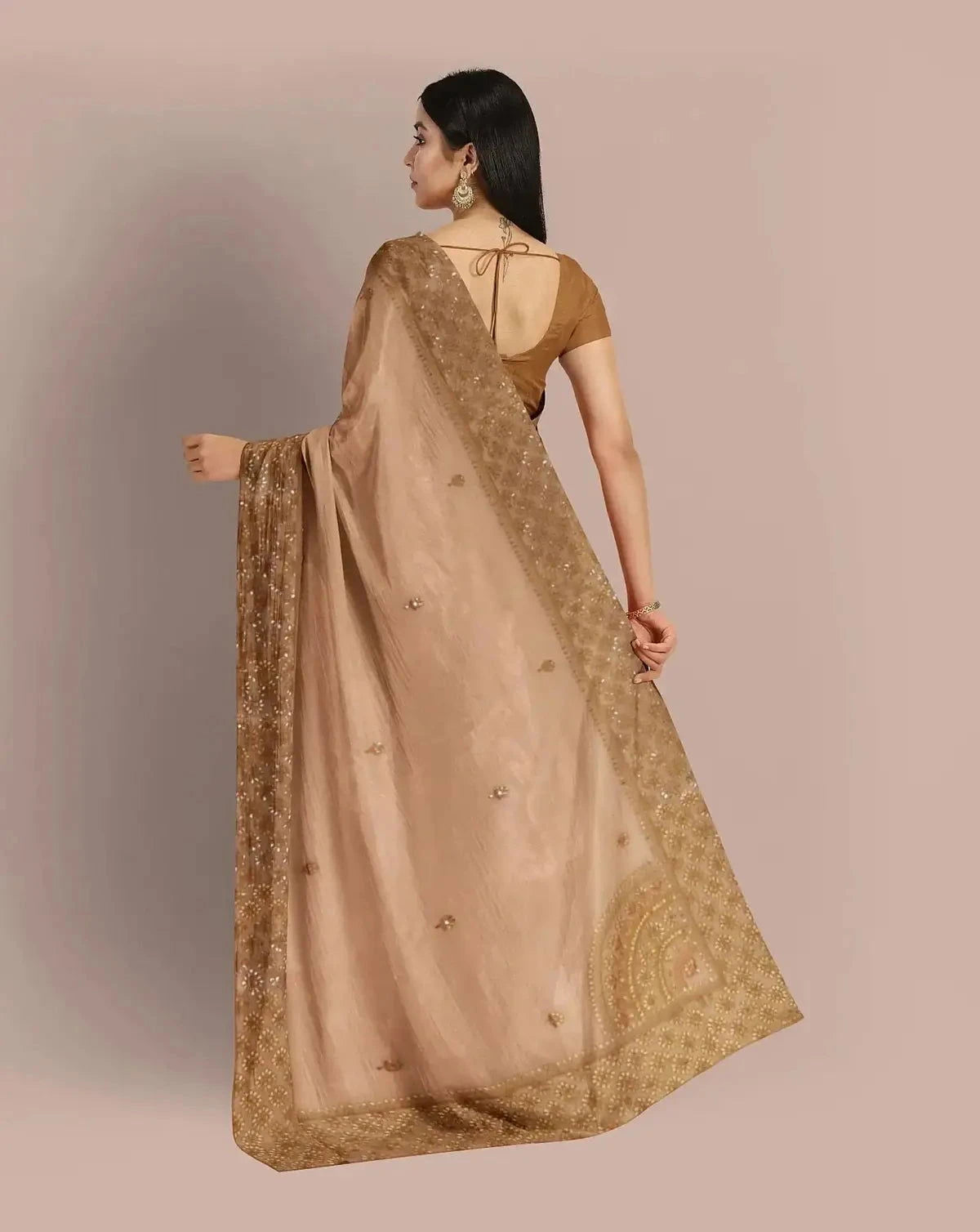 Beige Gold Embroidered tissue saree - Pallodstore