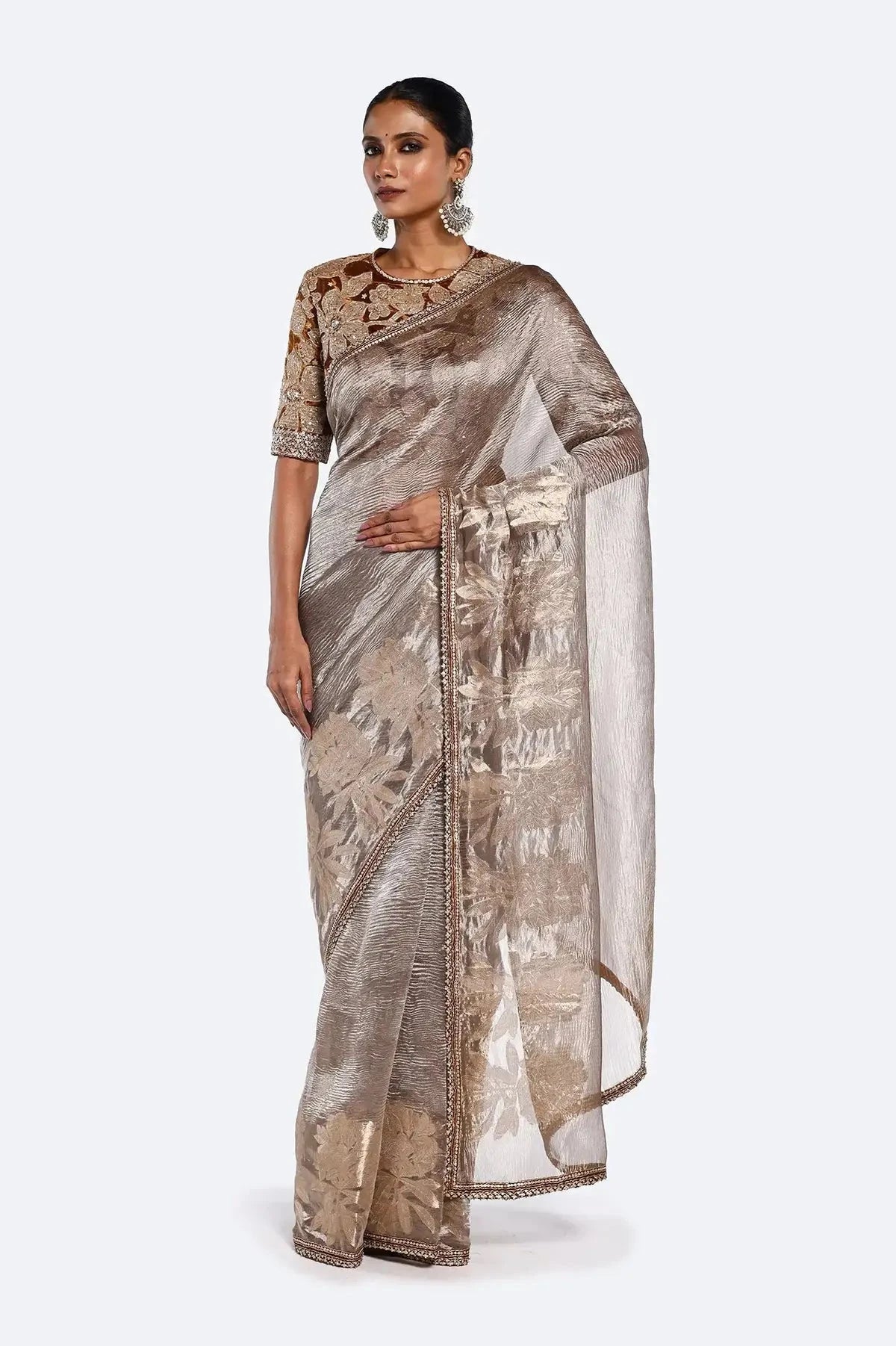 Beige Nakshi Zari Tissue Saree - Pallodstore
