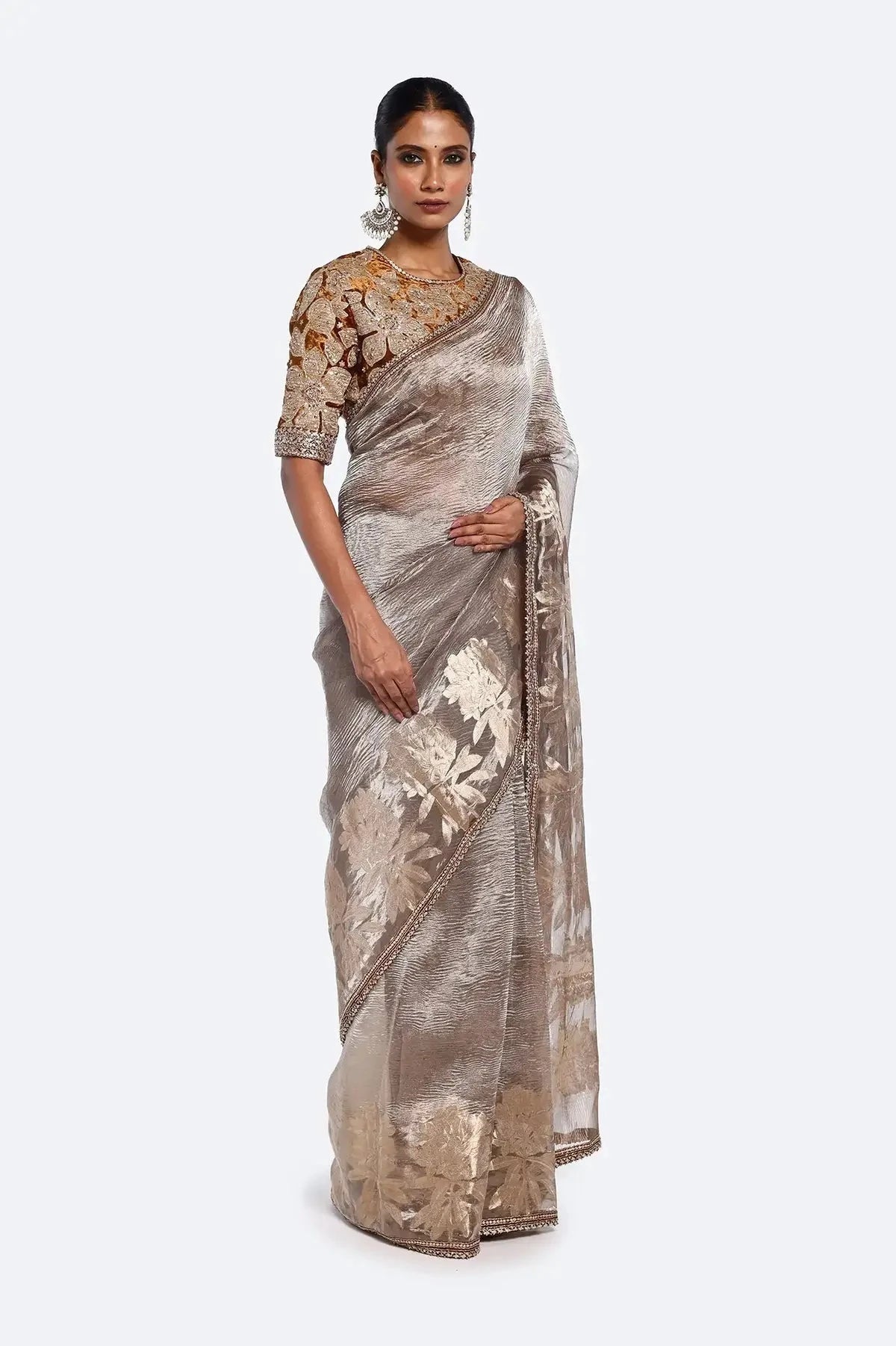 Beige Nakshi Zari Tissue Saree - Pallodstore