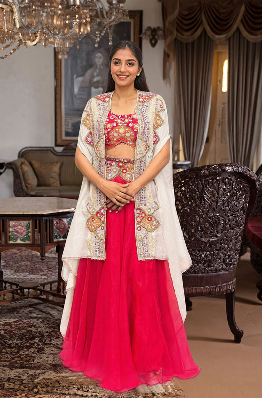 Beige Tissue and Red Indo- Western Cape Set - Pallodstore