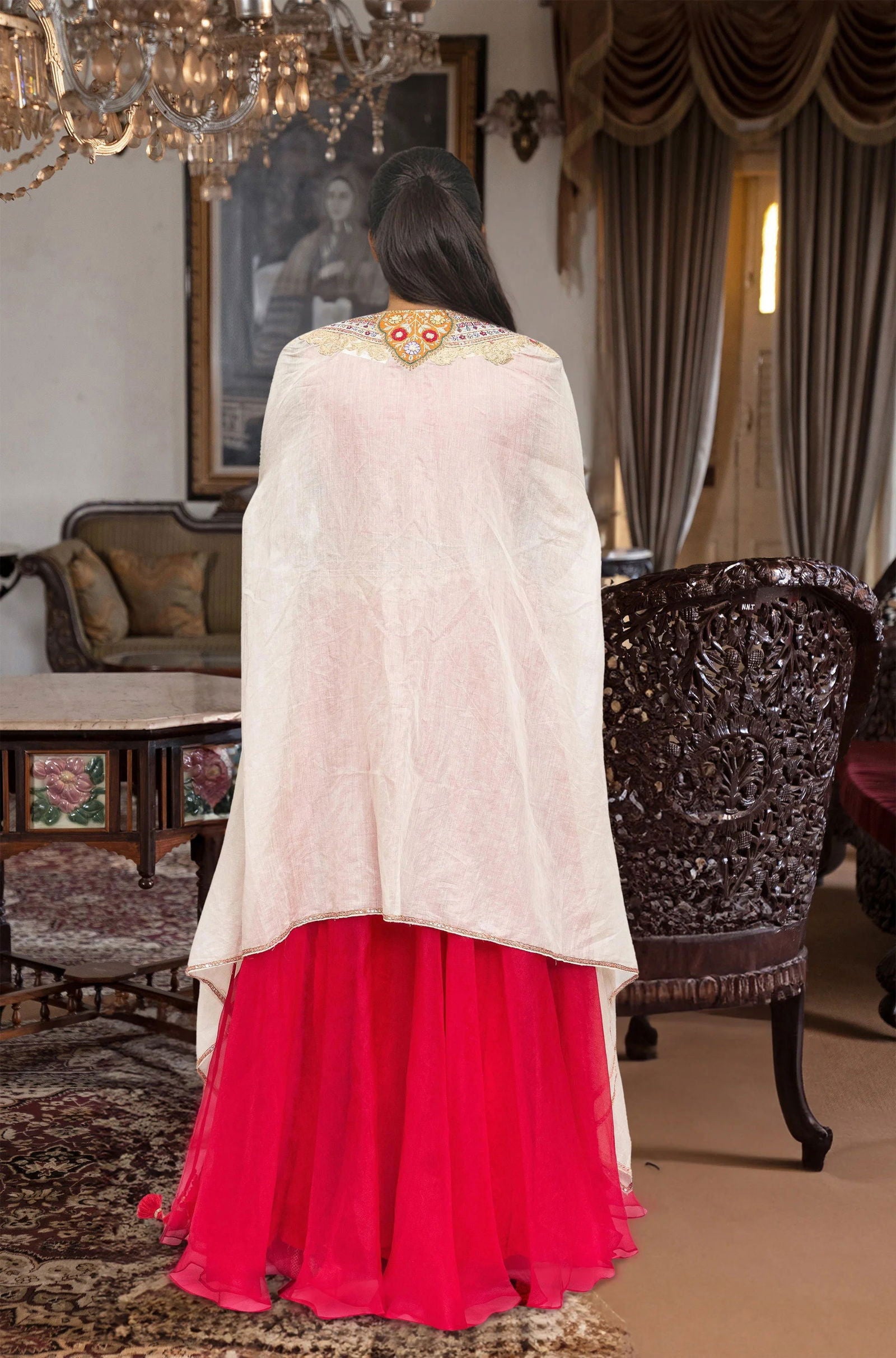 Beige Tissue and Red Indo- Western Cape Set - Pallodstore