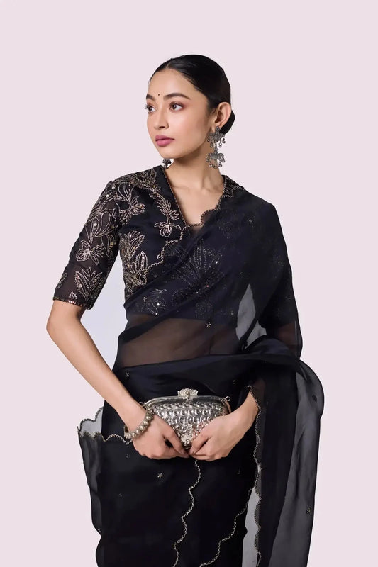 Black Badla Organza Saree - Pallodstore
