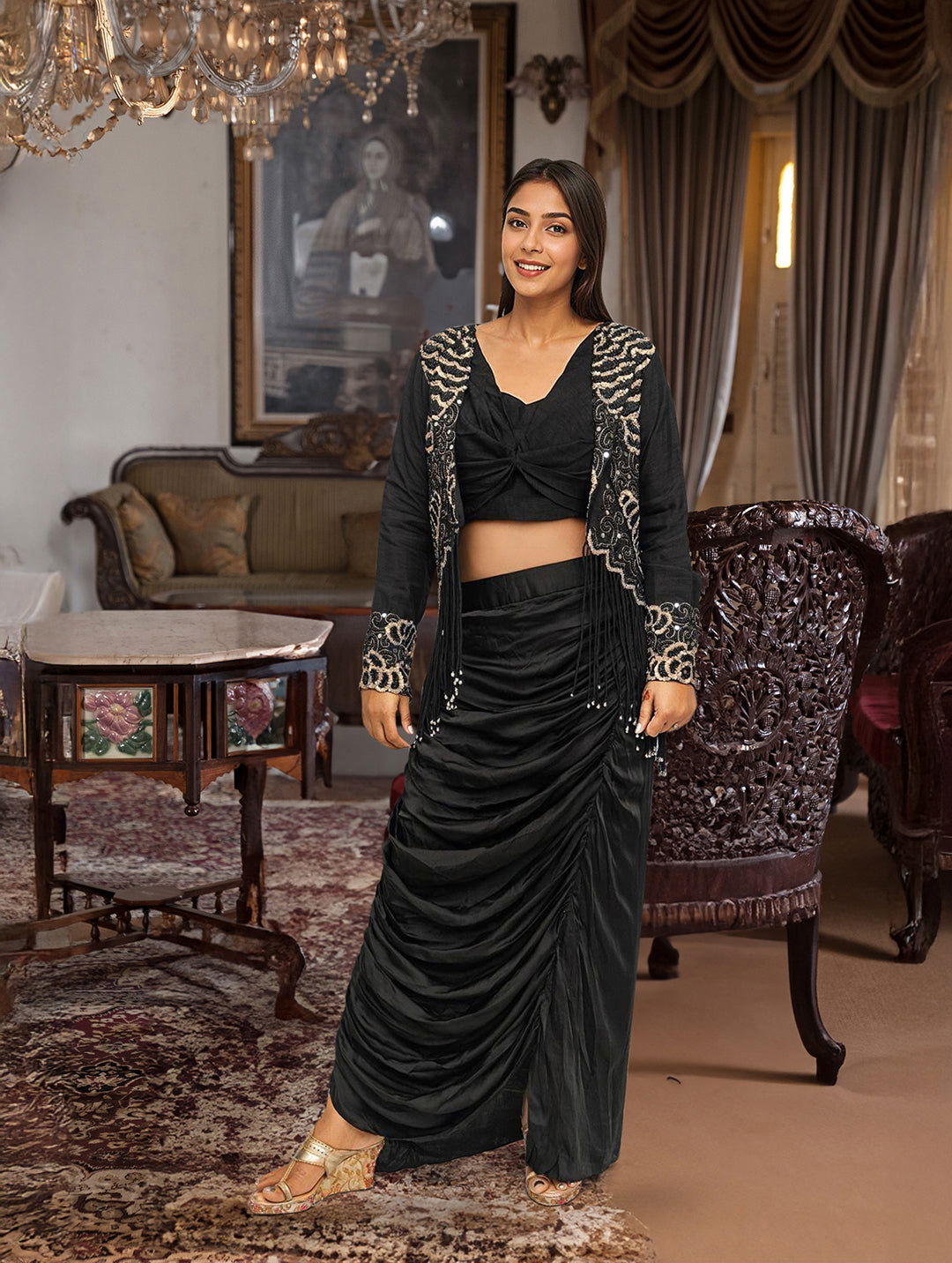 Black Indo-western Short Jacket Dress - Pallodstore