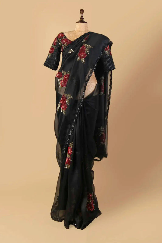 Black Organza Embroidered  Saree - Pallodstore