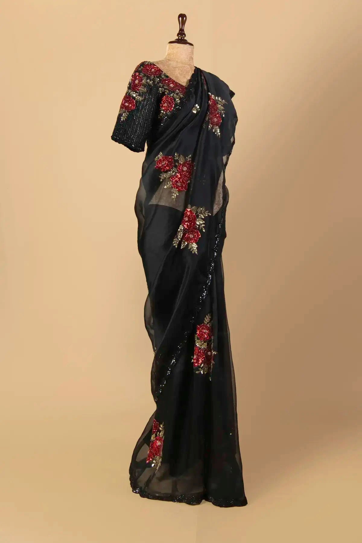 Black Organza Embroidered  Saree - Pallodstore