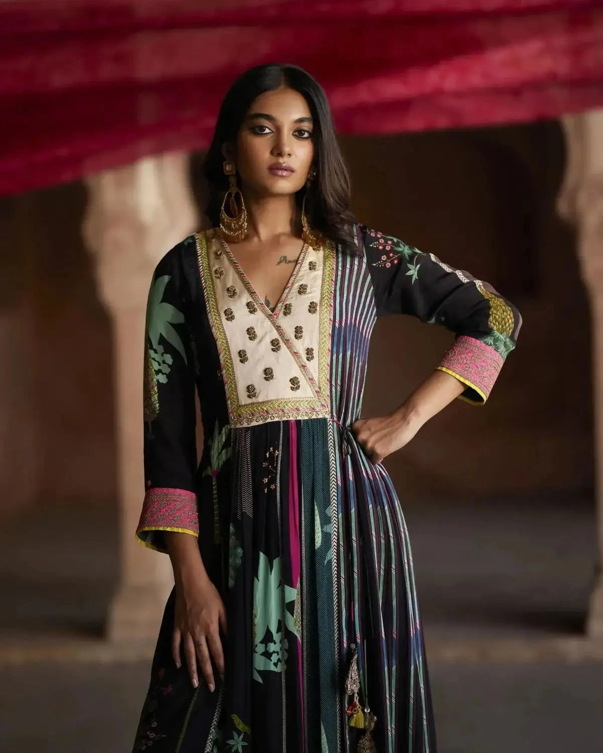 Black Pintuck Nadira Angrakha Kurta Set - Pallodstore