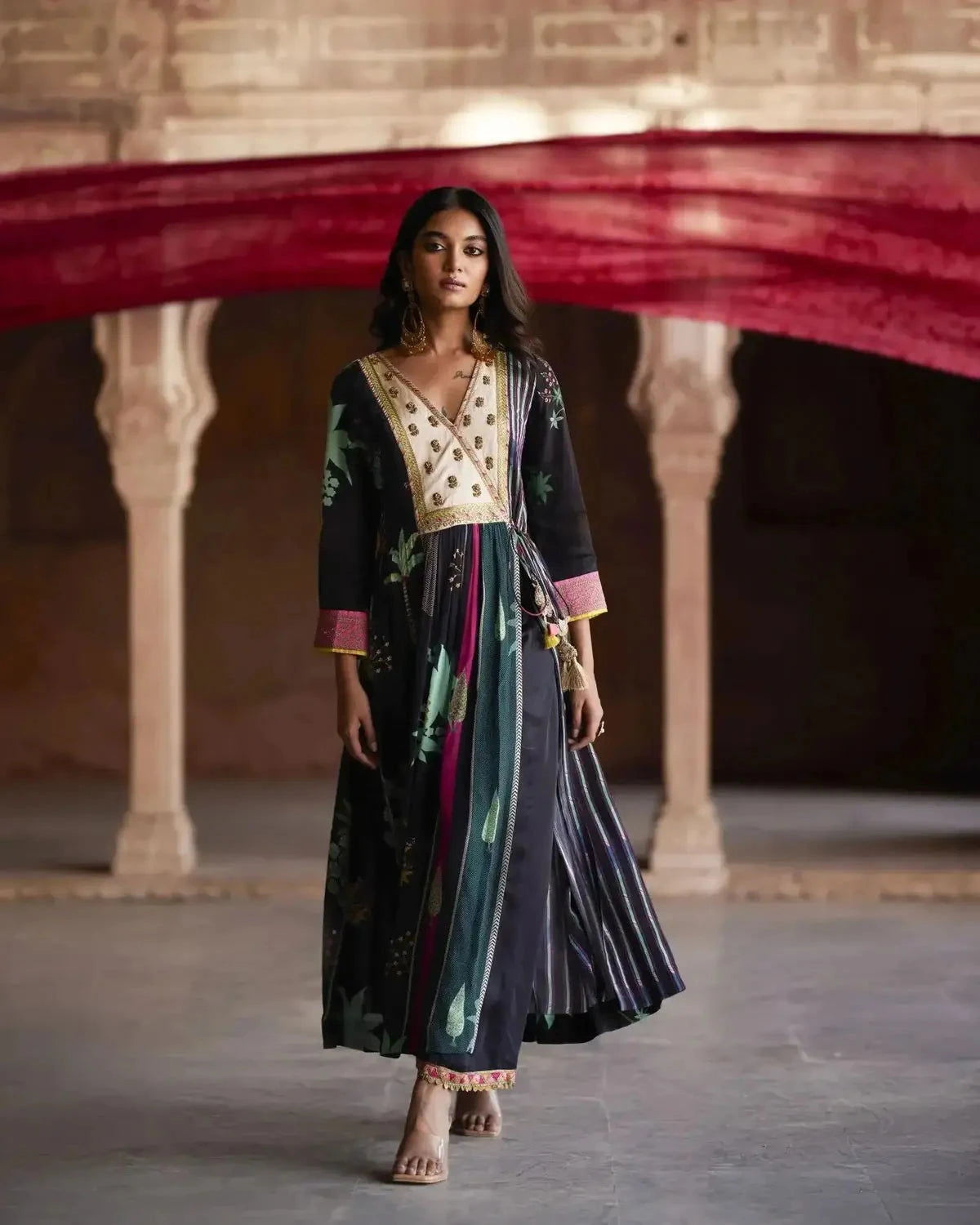 Black Pintuck Nadira Angrakha Kurta Set - Pallodstore