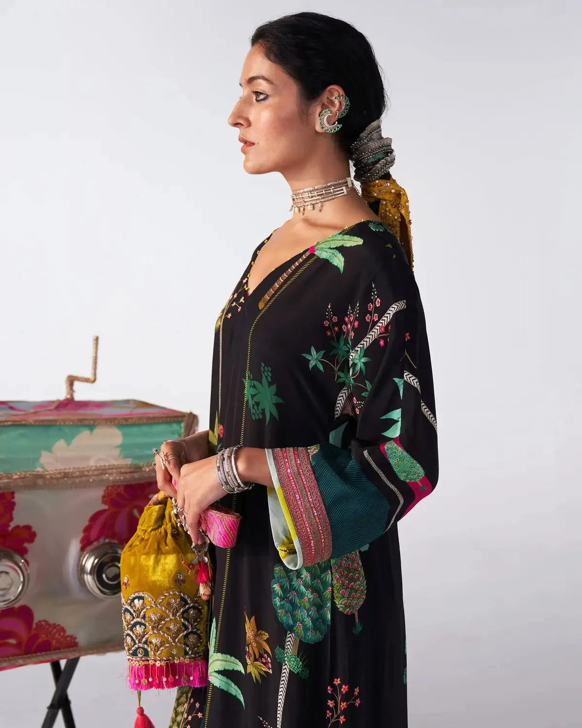 Black Printed Sakhi Kaftan Kurta Set - Pallodstore