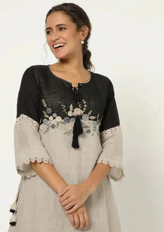 Black and natural rose bouquet fly free tunic set - Pallodstore
